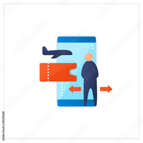 Contactless ticket flat icon. Forced distance in queue due to pandemic. Limit queuing spaces. Online tickets reservation. Airport new normal concept.3d vector illustration