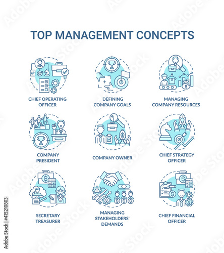 Top management concept icons set. Managing stakeholders demands. Chief executive manager position. Company idea thin line RGB color illustrations. Vector isolated outline drawings. Editable stroke