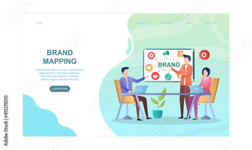 Male and female characters in conference room brand mapping. Concept of building company brand perception. Website, web page, landing page template. Flat cartoon vector illustration