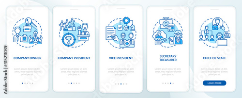 Company top management jobs onboarding mobile app page screen with concepts. Company president walkthrough 5 steps graphic instructions. UI vector template with RGB color illustrations