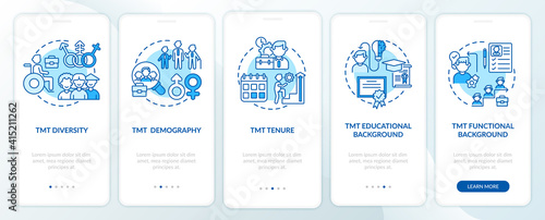 Top management team analysis criteria onboarding mobile app page screen with concepts. TMT demography walkthrough 5 steps graphic instructions. UI vector template with RGB color illustrations