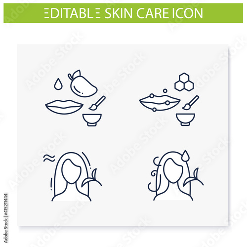 DIY natural skincare line icons set. Consists of facial masks, hair care, lip care. Facial beauty treatment. Organic care concept. Isolated vector illustrations.Editable stroke