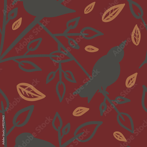 Seamless pattern with outline gray birds sitting on tree branches across leaves on dark red background. Linen  bedding  textile  fabric  print  packaging  stationery design