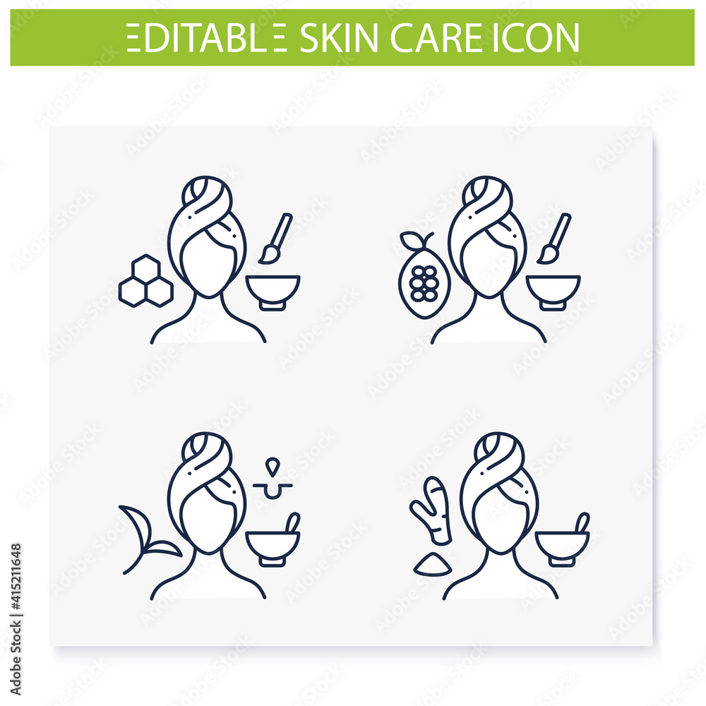 Fototapeta premium DIY natural skincare line icons set. Facial beauty treatment. Organic care concept. Isolated vector illustrations.Editable stroke