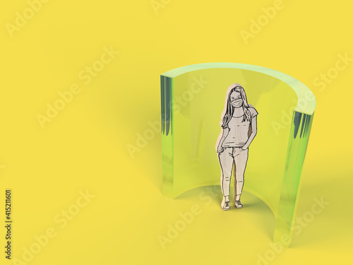 wood figure of woman wearing mask isolated my glass on yellow background