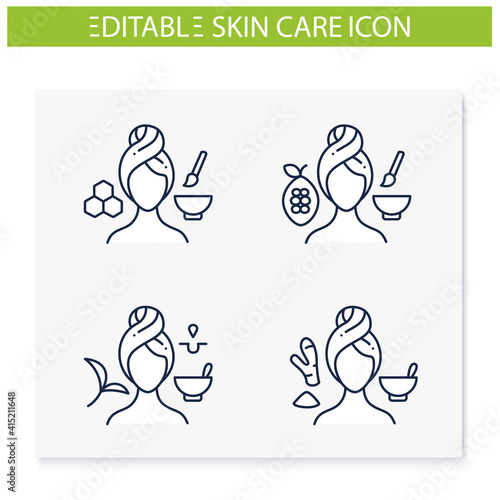 DIY natural skincare line icons set. Facial beauty treatment. Organic care concept. Isolated vector illustrations.Editable stroke