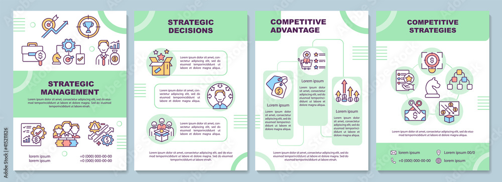 Strategic management brochure template. Control function of company. Flyer, booklet, leaflet print, cover design with linear icons. Vector layouts for magazines, annual reports, advertising posters