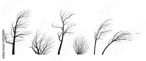 Silhouette Set of Trees and Bushes Without Leaves in Wind