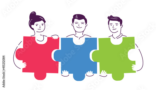 People connecting puzzle pieces. Teamwork, partnership concept vector illustration