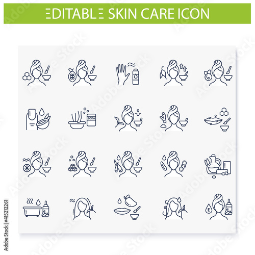 DIY natural skincare line icons set. Consists of facial masks, hair care, lip care, essential oil bath etc. Facial beauty treatment. Organic care concept. Isolated vector illustrations.Editable stroke