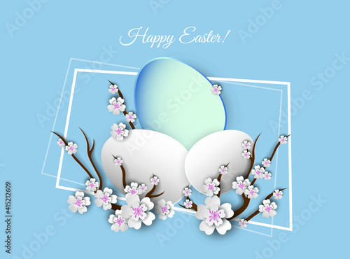 Easter eggs and branches of a blossoming fruit tree on a blue background. Vector illustration. 