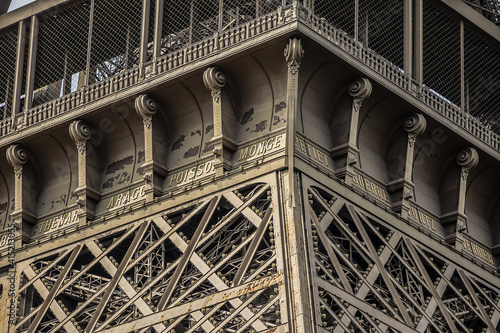 Fragments of the construction of the Eiffel tower (Eiffel Tower) on Champ de Mars in Paris. Tower is tallest structure in Paris and most visited monument in the world. France.