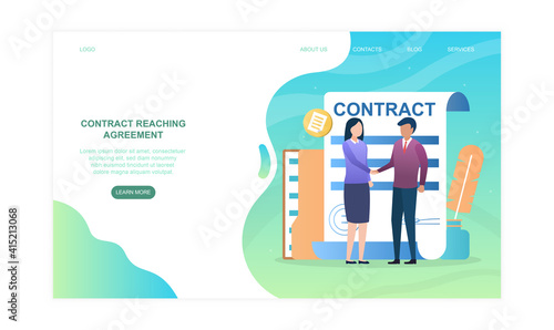 Male and female characters are shaking hands after contract reaching agreement. Concept of successful business meeting. Website, web page, landing page template. Flat cartoon vector illustration