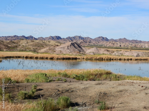 The beautiful lower Colorado River flowing through the desert, with jagged peaks in the background, Picacho State Recreation Area, Imperial County, California. 