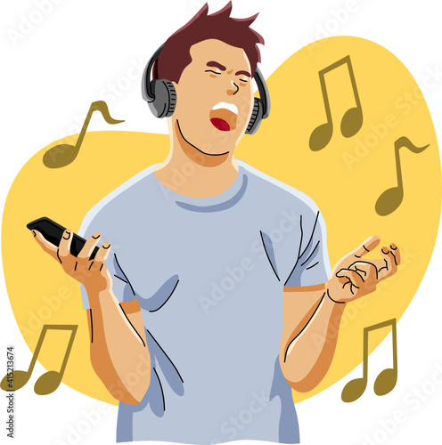young man wearing headphones singing and screaming while listening to music from smart phone