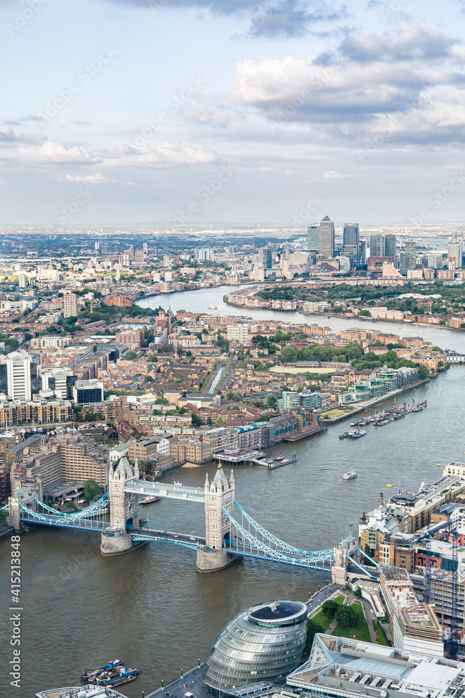 Aerial view of Tower Bridge and central London, UK