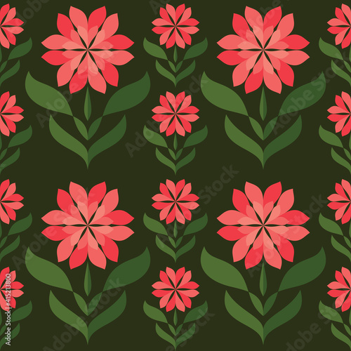 Decorative background design. Flowers and leaves mid-century modern vector artwork. Abstract geometric seamless pattern. Decoration floral ornament in retro vintage design style. 