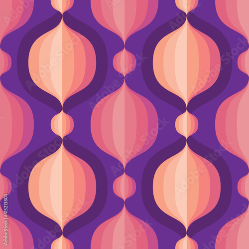 Abstract background design. Geometric seamless pattern. Decorative ornament in Mid-century modern art style. Pink, lilac, violet, purple colors. Atomic stylized backdrop. 