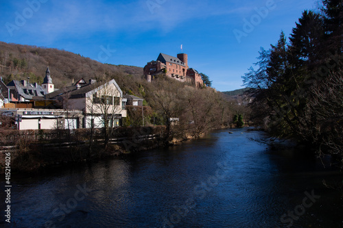The view of Hengebach Castle and the Rur on a sunny winter day