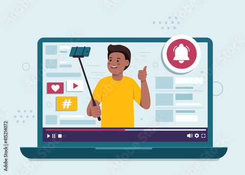 Subscribe to flat design illustration concept. African-american male blogger, online blogging