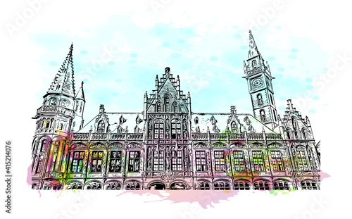 Building view with landmark of Ghent is a port city in northwest Belgium. Watercolour splash with hand drawn sketch illustration in vector.