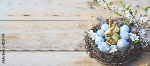 Canvas Print Happy Easter - greeting card - easter background - eggs in a basket on a wooden