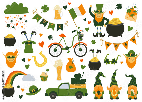 Saint Patrick's Day collection. Set with Irish flags, beer mugs, clover, pub decoration, leprechaun green hat, pot of gold coins. Vector illustration in cartoon flat style isolated on white background