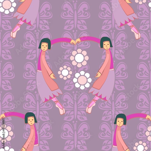Ballerina Pattern In Pink And Purple With Flowers