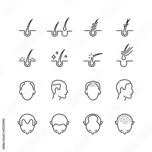 Hair loss related icons: thin vector icon set, black and white kit