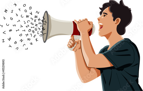 young man speaking loud  using megaphone