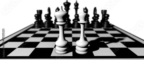 King and queen chess pieces on a chessboard facing opposition concept 3d render