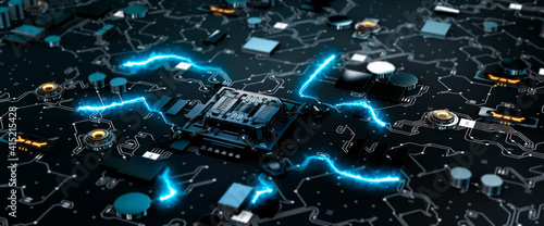 Futuristic style circuit board with illuminated processor sending electric pulses of information along the wires concept 3d render