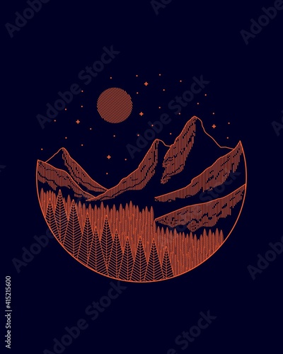 mono line landscape mountains and pines vector for patch, pin, graphic, art t-shirt design