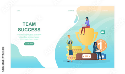 Three female characters are enjoing team success together. Concept of analysis, brainstorm and teamwork. Website, web page, landing page template. Flat cartoon vector illustration
