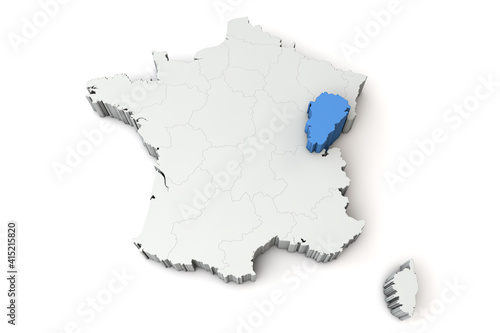 Map of France showing ranche comte. 3D Rendering