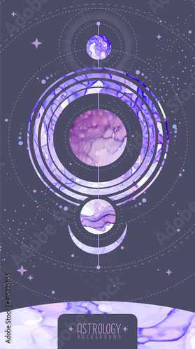 Modern magic witchcraft card with planets in outer space. Alcohol ink occult illustration