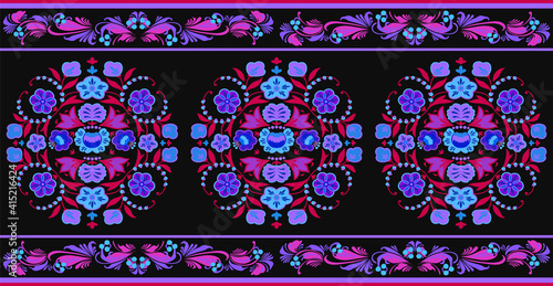 Seamless vector border pattern with floral ornament in boho style motifs, Eastern European vintage decor in black, blue, red, magenta, purple colors for custom print and design