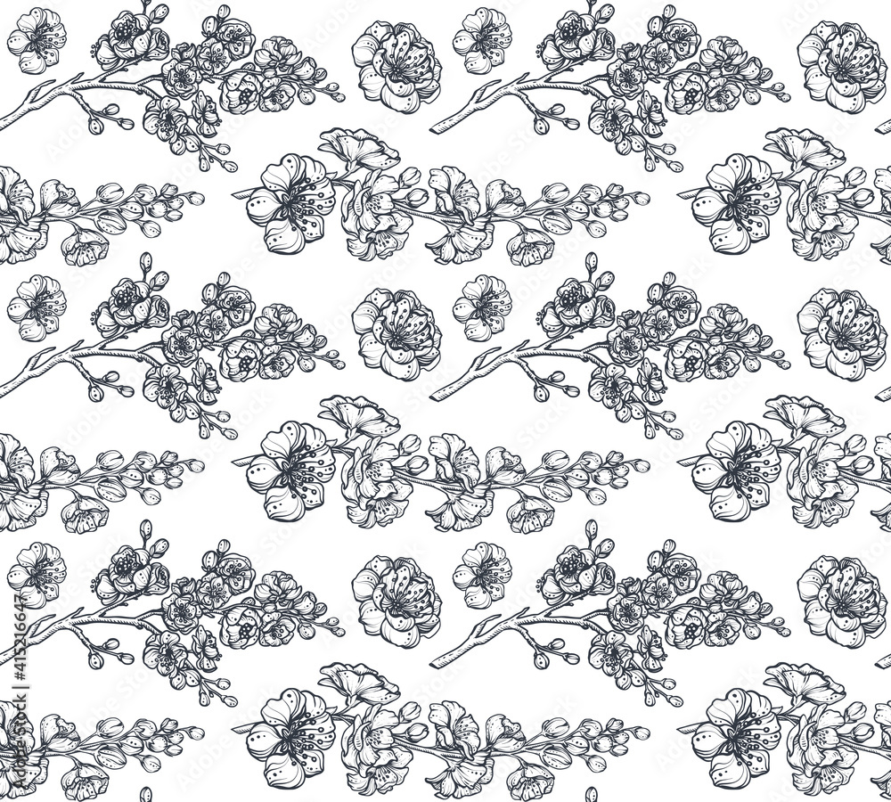 Black and white vector floral seamless pattern of sakura flowers and cherry tree branches