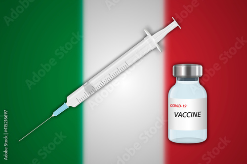 Syringe and vaccine vial on blur background with Italy flag