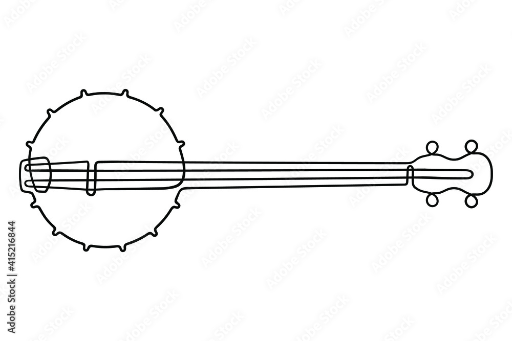 One line drawing. Musical acoustic instrument banjo with strings. - obrazy, fototapety, plakaty 