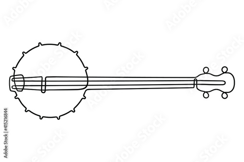 One line drawing. Musical acoustic instrument banjo with strings.