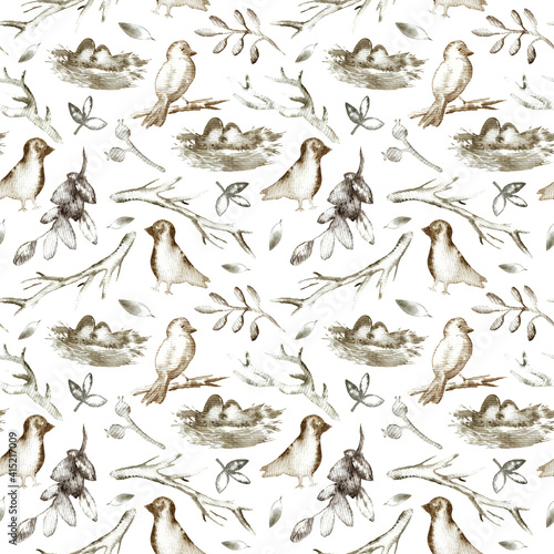 Seamless pattern of a bird,nest and floral.Forest animals and branch.Watercolor hand drawn illustration.White background.	