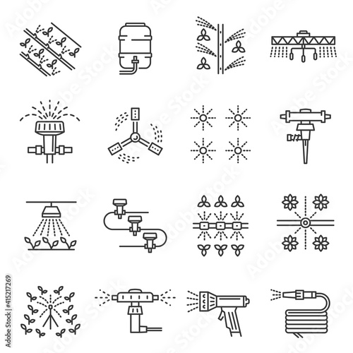Irrigation farm equipment thin line icons set isolated on white. Sprinkler, plant watering system.