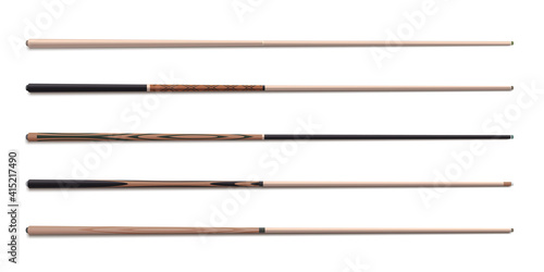 Billiard cues sticks realistic collection. Snooker, american pool wooden accessories.