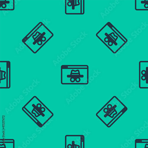 Blue line Browser incognito window icon isolated seamless pattern on green background. Vector.
