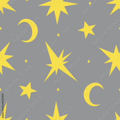 Minimalistic vector seamless pattern with yellow stars and moons on grey background. Space, fun, trendy colors