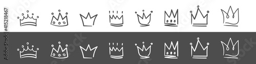 Doodle crown icons. Hand drawn crowns. Royal imperial coronation and monarch symbols. Vector illustration