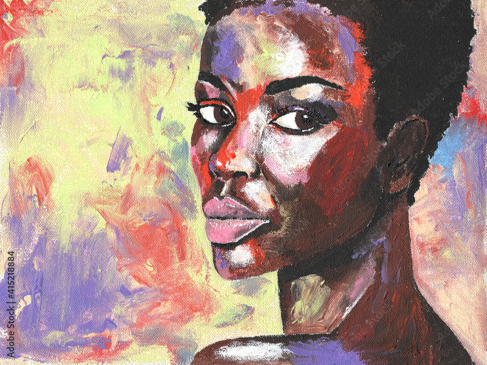 Portrait of african woman drawn with acrylic on canvas. Black lives ...