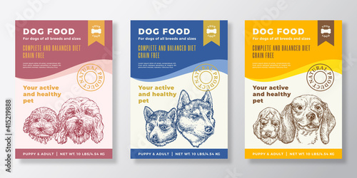 Dog Food Label Templates Set. Abstract Vector Packaging Design Layouts Collection. Typography Banners with Hand Drawn Cockapoo, Husky and Beagle Puppy and Adult Sketch Faces Background. Isolated