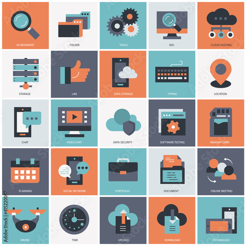 Business, technology and management icon set for websites and mobile applications. Flat vector illustration